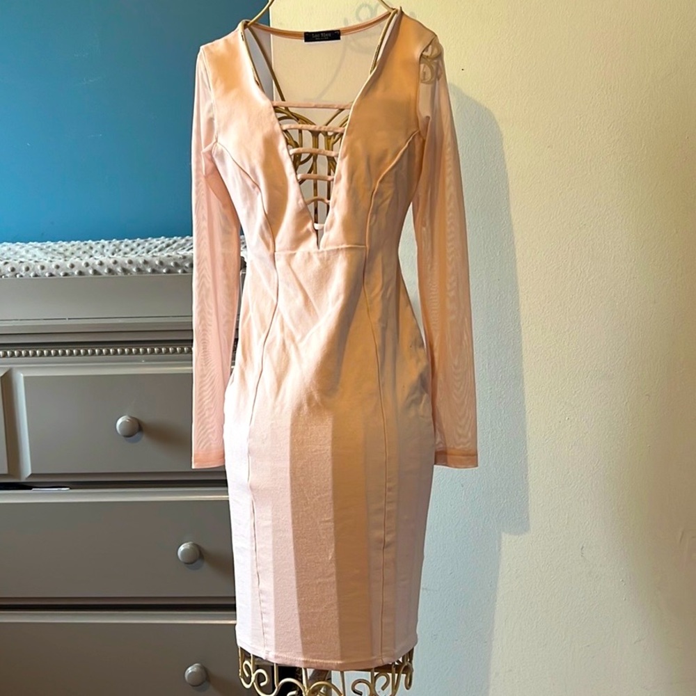 Tight, low cut, long mesh sleeves light pink dress